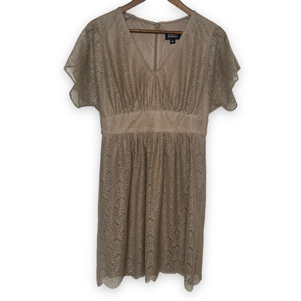 Adrianna Papell Gold & Tan Lace Pattern‎ V-Neck Short Sleeve Shift Dress Size 8